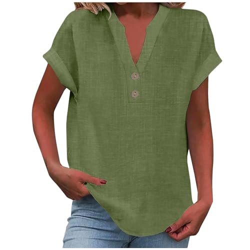 Camisa Mujer Lino Algodón Manga Corta Camiseta Blusa Polo Ligero Verano Moda Casual Color Sólido Cómodo Suelto Cuello en V Botones Tops Elegante Basic tee Talla Grande Transpirable 2025
