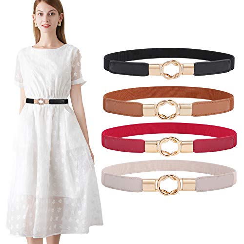 WERFORU Lot de 4 ceintures élastiques, pour femme, minces, style rétro, taille fine, avec boucle, adaptées aux robes Cover