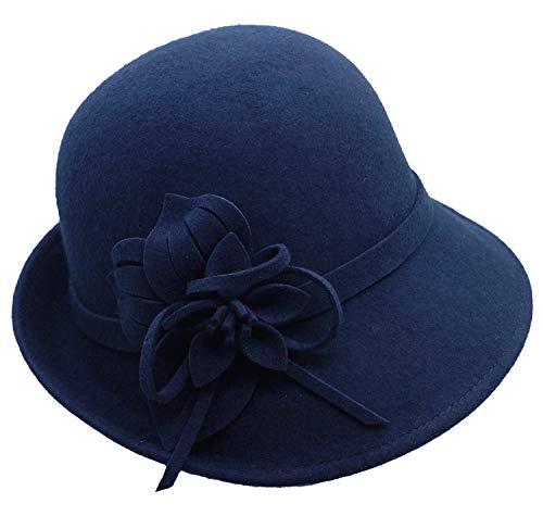 Bellady Women's Elegant Flower Wool Cloche Bucket Bowler Hat,Style2_Navy - Thumbnail 4