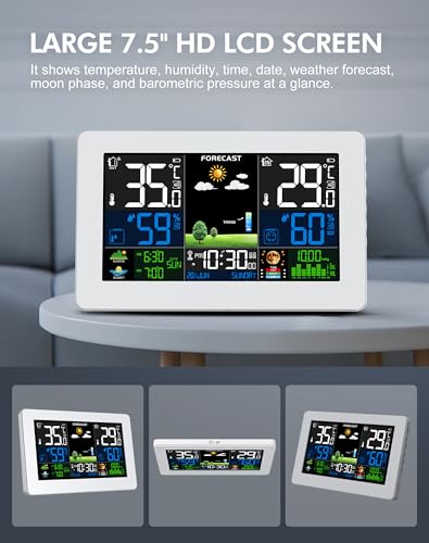 Stazione Meteo con Sensore Esterno, Barometro Digitale LCD Wireless a Colori DCF, Sveglia, Fase Lunare, Previsioni Meteo, Retroilluminazione Regolabile, Bianco - 2