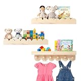 Wandregal Holz Kinderzimmer, 3PCS Bücherregal Kinder Wand mit Holzhaken,Schweberegal ideal für Bücher und Spielzeug, Bücherregal Hängend für Kinderzimmer, Schlafzimmer, Wohnzimmer, Badezimmer, Küche