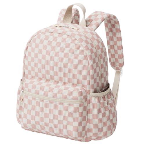 Image of Kids Backpack for Girls and Boys Ages 5-8 | 15inch Corduroy Backpack Kids Bookbag for School Preschool Kindergarten Daycare Daypack -Pink Checkered