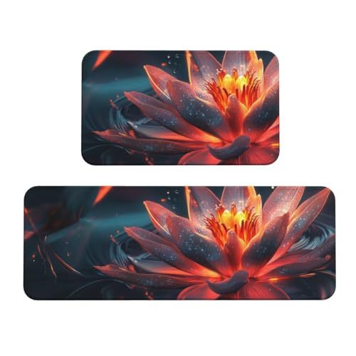 Alfombras de cocina antideslizantes de loto rojo, juego de 2 tapetes acolchados lavables 2