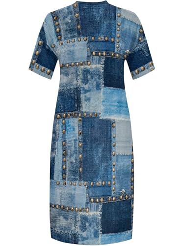 Image of SUZONANA Plus Size Denim Print Maxi Dresses for Women Casual V Neck Short Sleeve with Pockets Soft Jean Look Dress XL-6XL