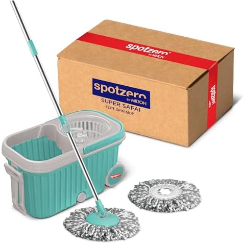 Spotzero by Milton Spin mop Bucket with Wringer on Wheels, Extendable Handle 360 Spin mops for Floor Cleaning, 2 Microfiber Refills, Aqua Green Elite Cover