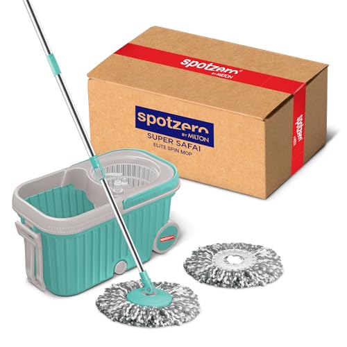 Spotzero by Milton Elite Spin Mop with Big Wheels, Puller Handle, Bucket Floor Cleaning and Mopping System 360° Flexible,2 Microfiber Refills, Big Siz
