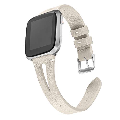 bayite Leather Bands Compatible with Fitbit Versa/Versa 2, Slim Wristband with Ventilated Hole Replacement Accessories Strap Versa Women Men, Beige