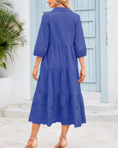 Image of Women Button Down Maxi Shirt Dress Long Sleeve Flowy Tiered Collared Dresses with Pockets
