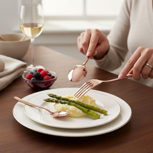 Image of 16 Pcs Rosegold Mirror Polish Stainless Steel Cutlery Set for Dining Table with Spoons and Forks Set + Butterknives - The Perfect Tableware /Flatware