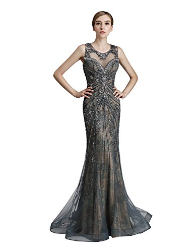Sarahbridal Women's Sparkly Rhinestones Beaded Sequins Prom Dress Mermaid Tulle Wedding Party Gown Steel US8