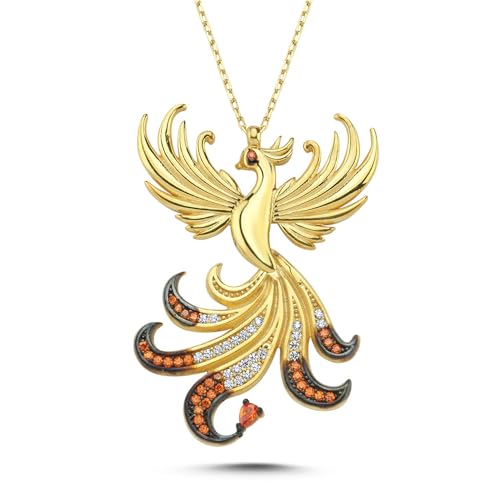 Kayra Mücevher Kraliçe Anka Kuşu Kolye - 14 Ayar Altın, 925 Ayar Gümüş, Altın Kaplama (Turuncu Gümüş)