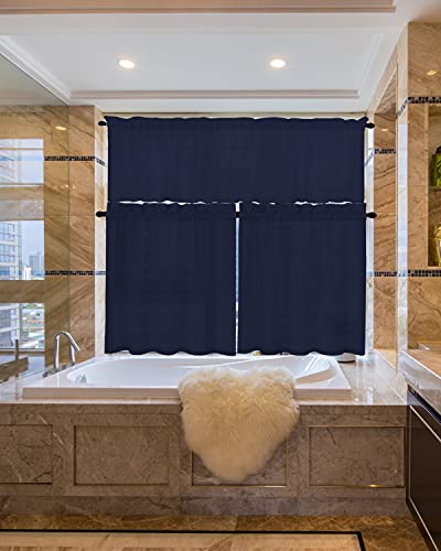 Airy Tier Curtains, Waffle Woven Textured Short Window Curtain, Waterproof Window Treatments Covering For Cafe, Bathroom, Kitchen & Kids Bedroom Rod Pocket Curtains (Navy Blue, 60" X 15"|Valance) #TOP5