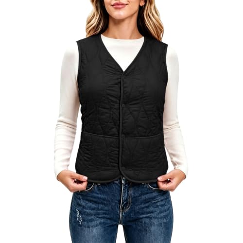 XOGWVJ Women Puffer Vest Quilted Jacket Lightweight Sleeveless V Neck Snap Button Warm Casual Fall Winter Layering Outerwear Womens Vest Fall Fashion 2026 Black XXS - image 6