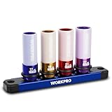 WORKPRO 1/2' Drive Lug Nut Impact Duty Socket Set, 4 Pieces 17-19-21-22mm Deep Thin Wall Socket Set, Made of Premium Cr-Mo Steel, Non-Marring Lug Nut Wheel Sockets for Car