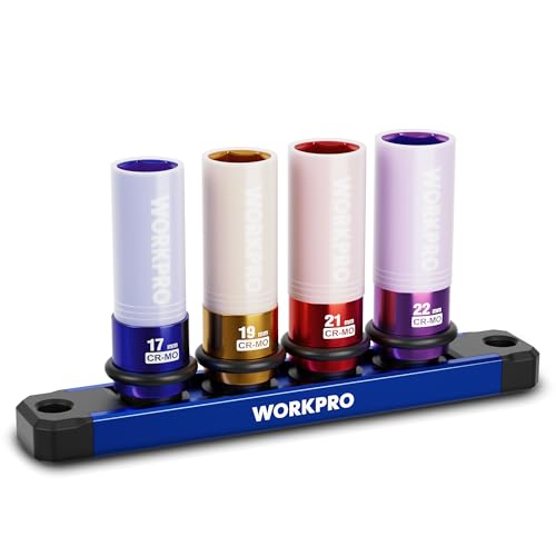 WORKPRO 1-2 Drive Lug Nut Impact Duty Socket Set, 4 Pieces 17-19-21-22mm Deep Thin Wall Socket Set, Made of Premium Cr-Mo Steel, Non-Marring Lug Nut Wheel Sockets for Car