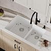 Karran QU-811 32 Inch Undermount 60/40 Double Bowl Quartz Composite Kitchen Sink Kit in White, Large/Small Bowls, Includes Bottom Grids, Basket Drains, Luster Pro Polish, Heat & Scratch Resistant