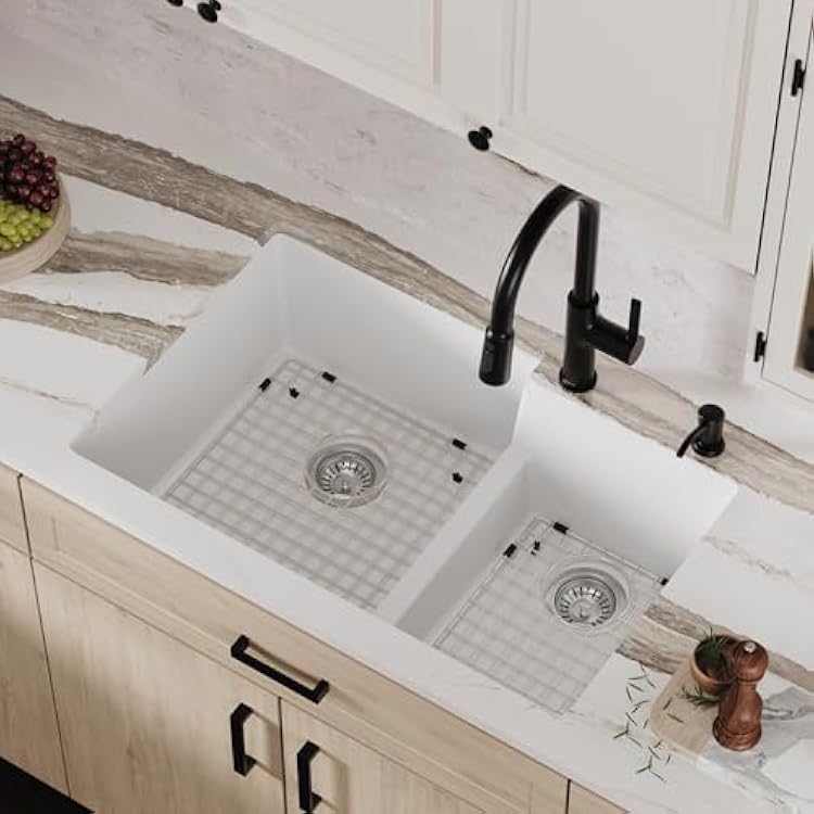 Karran QU-811 32 Inch Undermount 60/40 Double Bowl Quartz Composite Kitchen Sink Kit in White, Large/Small Bowls, Includes Bottom Grids, Basket Drains, Luster Pro Polish, Heat & Scratch Resistant