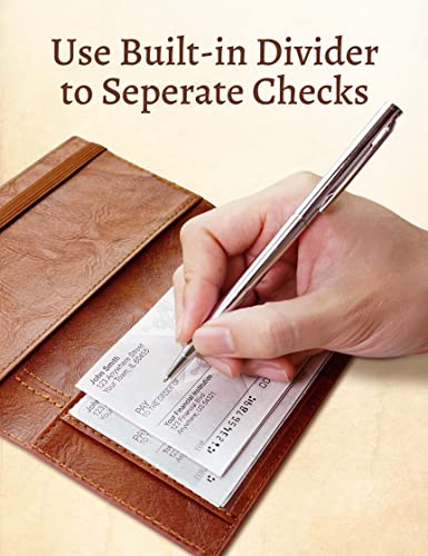 Image of Yarnic Checkbook Cover for Personal Checkbook Holder with Pen Holder | Check Book Covers & Built-in Clear Plastic Divider for Duplicate Checks (Brown)