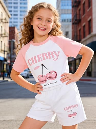 Image of KIDLAGA Girls Two Piece Sets Cherry Pattern Short Sleeve Shirts and Shorts Set With Pockets Girls Summer Outfits Size 7-14