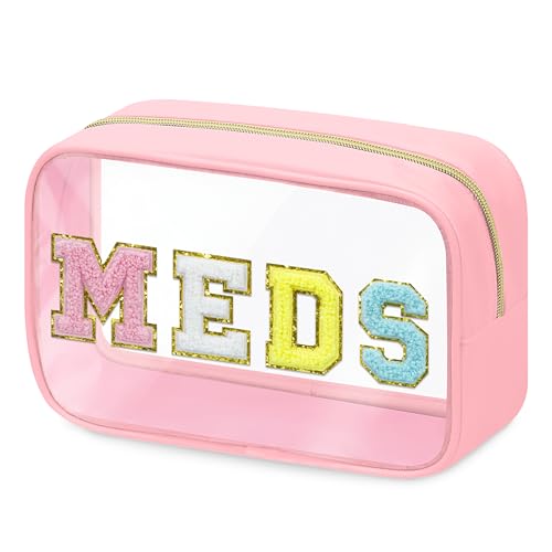 BuyCard Clear Meds Chenille Letter Nylon Makeup Bag - Portable Preppy Patch Cosmetic Toiletry Travel Storage Medicine Bag With Zipper for Women Girls Pink