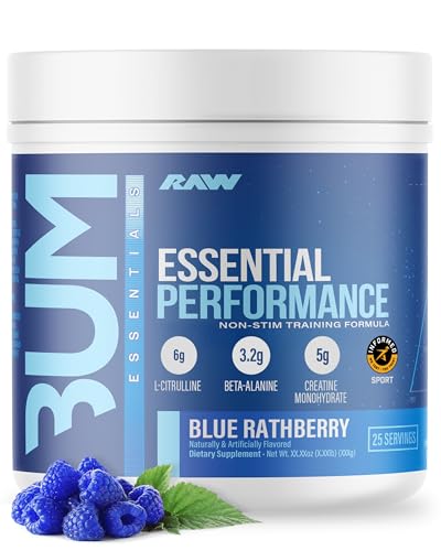 Image of RAW Essential Performance Non-Stim Pre-Workout Powder - Preworkout for Endurance Strength & Focus Without Caffeine or Stimulants - Creatine Monohydrate, L-Citrulline & Beta Alanine - Blue Rathberry