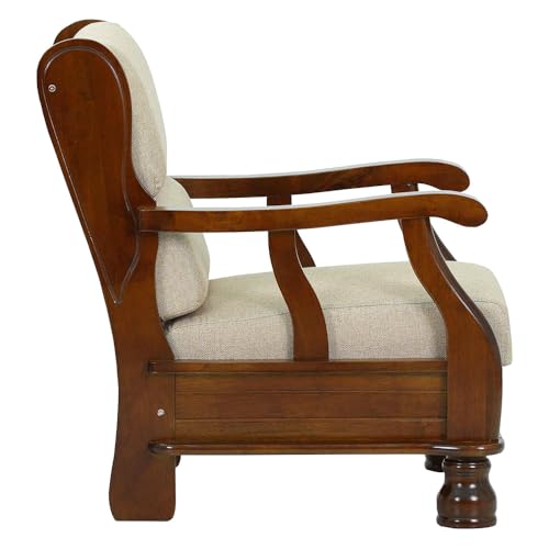 Image of Royaloak Melaka Wooden Single Seater Sofa with Beige Colour Cushion | Solid Wood | Fabric Cushion Cover | Moulded Foam Cushions | Curved Arm Design | Durable & Long Lasting | Malaysian Collection