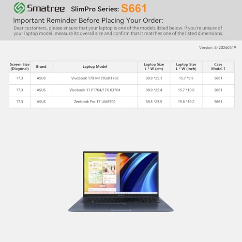 Image of Smatree SlimPro Laptop Case for 17.3 inch ASUS Vivobook 17X M1703 /K1703 | Compatible for ASUS Vivobook 17X K3704, for Zenbook Pro 17 UM6702, Case with Pocket, Patented Super-Corner Design (S661)