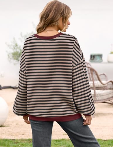 Image of UEU Women Oversized Striped Crewneck Sweatshirt Long Sleeve Color Block Pullover Tops Casual Loose Workout Shirt