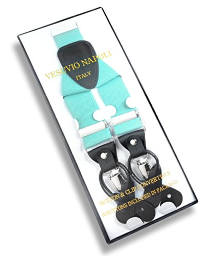 Men's Solid Aqua Green Suspenders Y Shape Back Elastic Button & Clip Convertible #TOP1