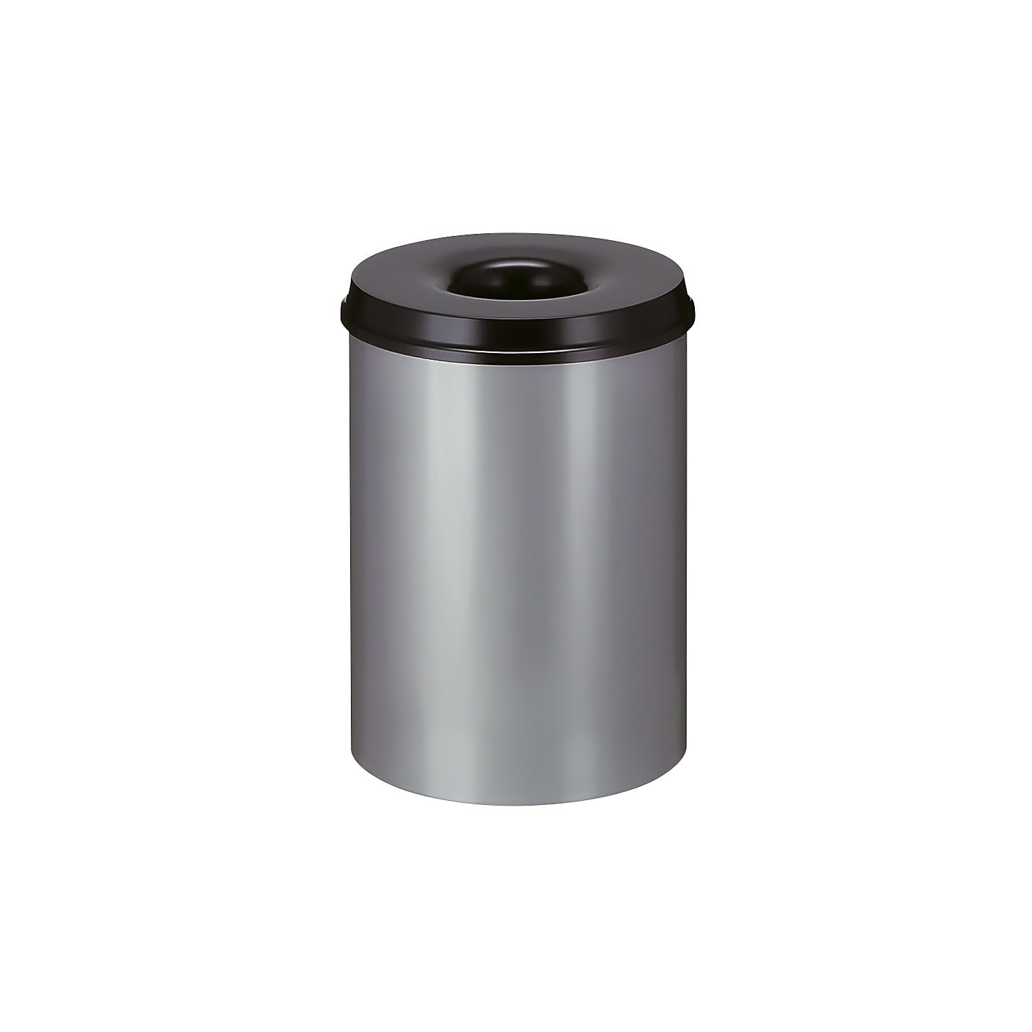 Cestino di sicurezza per carta, acciaio, autoestinguente, capacità 30 l, alt. x Ø 470 x 335 mm, corpo color alluminio / coperchio estinguente nero.