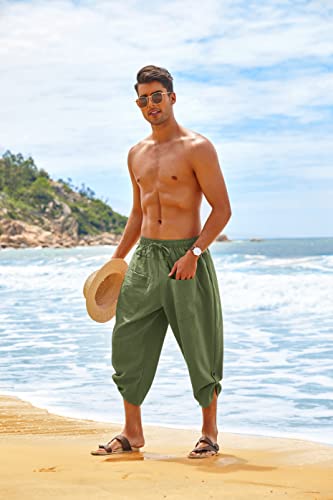 Coofandy Mens Harem Pants Linen Elastic Waist Capri Trousers Lightweight Boho Beach Pants With Pockets Olive Green #TOP1