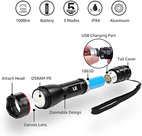 LE LED Torch USB Rechargeable, Super Bright LP3000 Tactical Torch, IPX4 Waterproof, 5 Lighting Modes, Portable LED Flashlight for Camping, Cycling, Running, Dog Walking, Thanksgiving Christmas Gifts