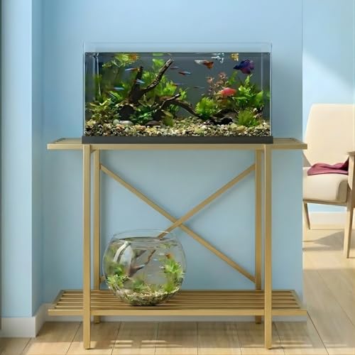 Image of ecofynd 2-Tier Fish Tank Stand, Double-Layer Aquarium Stand with Adjustable Table Feet, Heavy Metal Storage Rack Suitable for Home and Office, (Gold, FS-PS049)