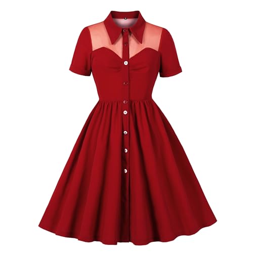Image of Wellwits Women's Mesh Insert Work Vintage Shirt Dress Cocktail Red M