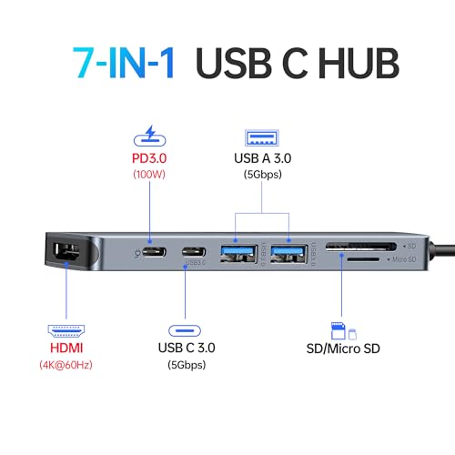 Image of USB C Hub HDMI Adapter for MacBook Pro /Air, 7 in 1 USBC Dongle with HDMI, microSD /SD Card Reader, USB C Data Port,100W PD, and 2 USB 3.0 Compatible for MacBook Pro /Air, Dell XPS, Lenovo Thinkpad.