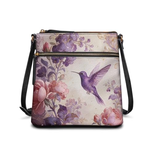 Pynewomyt Vintage Purple Hummingbird Crossbody Bags for Women Cross Body Purse Lightweight Shoulder Bag Cell Phone Purse with Adjustable Strap Trendy Design Leather Travel Bag Handbag