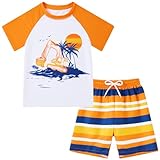 Boys Swim Set Rash Guard Swimsuits Swimwear Sets Orange Bathing Suit with Swimming Short for Boys 5-6 Years