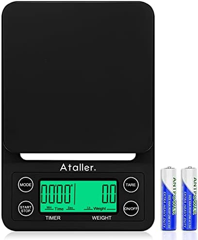 Ataller Digital Coffee Scale with Timer and Tare Function 0.1g, Multifunctional Kitchen Scales Food Scales 6.6lb/3kg, LCD W/Blue Backlit, 2 x AAA Batteries Included (Black)