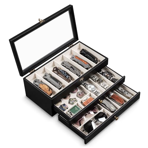 Yoimori Knife Display Case, 3-Layer Pocket Knife Case Display & Storage Knives, Solid Wood Knife Case for Collections, Gift for Boyfriend Fathers Day Birthday Gifts(Black) by Yoimori - Used condition - US$51.39