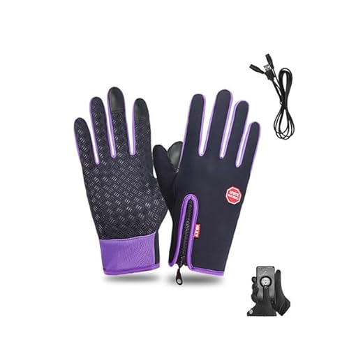 Sport USB Heated Winter Gloves, Waterproof Thermal Touch Screen Gloves with Mobile Power Supply, Windproof Outdoor Sports for Men Women (Purple, Small, Heated Gloves+USB)