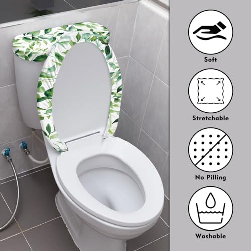 KUIFORTI Green Toilet Seat Cover Leaves Toilet Tank Cover Set 2 Piece Toilet Cover Seat Lid Round Oval Elongated Toilet Seat Cover Dust Cover - Thumbnail 3