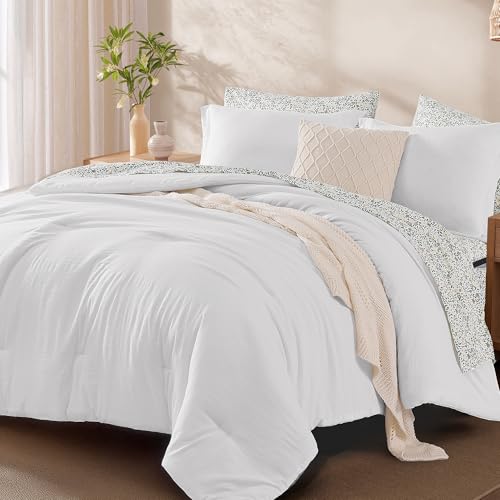 Image of Monbix Full Size Comforter Sets-7 Pieces Soft Bed in a Bag Full Bedding Set | All Season White Prewashed Comforter Bed Set with Striped Sheets, Pillowcases & Shams