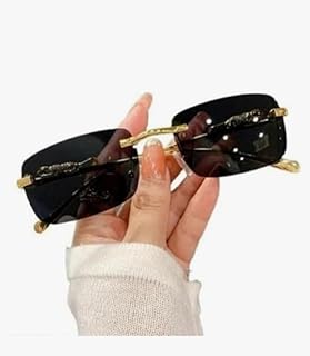 Luxury Rimless Sunglasses with Gold-Tone Frame, Green Lenses, Decorative Temple Design (GOLD)