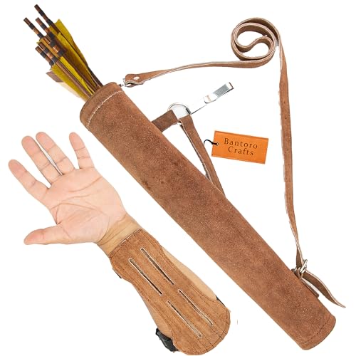 Bantoro Crafts Leather Archery Quiver with Arm Guard, Suede Brown