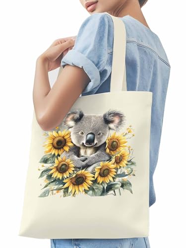 Canvas Tote Bag Cute Koala Sunflower Reusable Grocery Shopping Bag,Shoulder Tote Bags for Women Vacation Travel Work Gym3