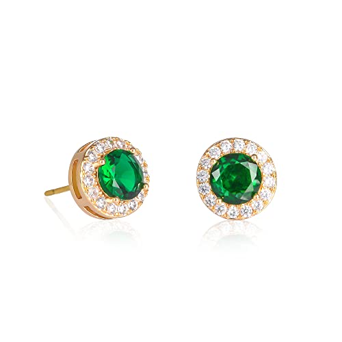 Image of ZAVANA Gold and Green Earrings for Women and Teen Girls in a Halo Design, Gold Plated Round Studs with Emerald Green Cubic Zirconia Stones