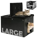 MEEXPAWS Cat Litter Box Enclosure, Hidden Cat Litter Box Furniture with Removable Waterproof Liner and Divider, Velvet Cat Washroom Bench, Dog Proof, Black, 27.5'' x 19.6'' x 19.6''