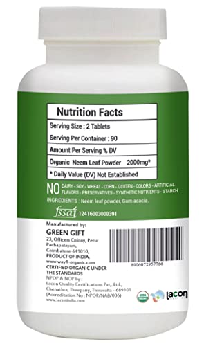 Neem Tablets-Usda Organic 100% Pure (Azadirachta Indica) (180 Count - 1000Mg) 90 Days Supply #TOP1