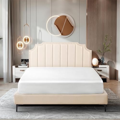Image of Ersmak Silk Satin Fitted Sheet, Soft Deep Pocket Bottom Luxury King Fitted Sheet, Wrinkle Free, Breathable, Fade Resistant - Ivory White