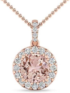 Inspereza Round Morganite and Diamond Halo Pendant Necklace with diamond bale in 14kt Rose Gold (6.00 mm Gemstone)